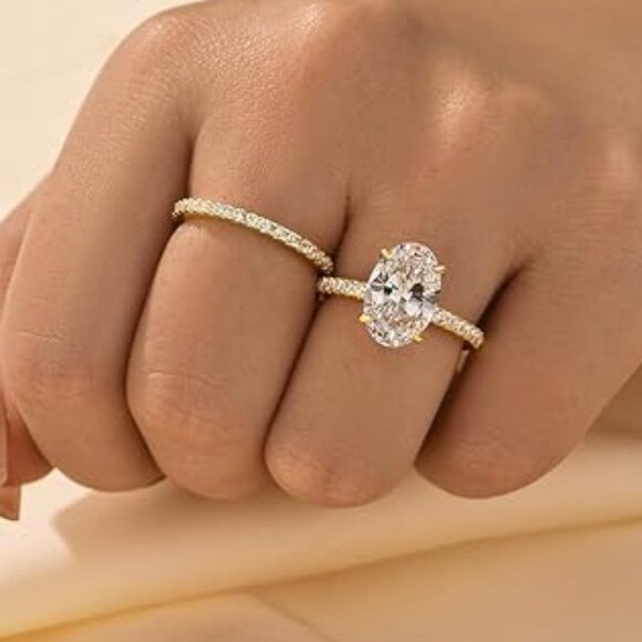 18K Yellow Gold 3.5ct Oval Diamond Ring Set 925 Sterling Silver Wedding Bridal - Picture 1 of 4